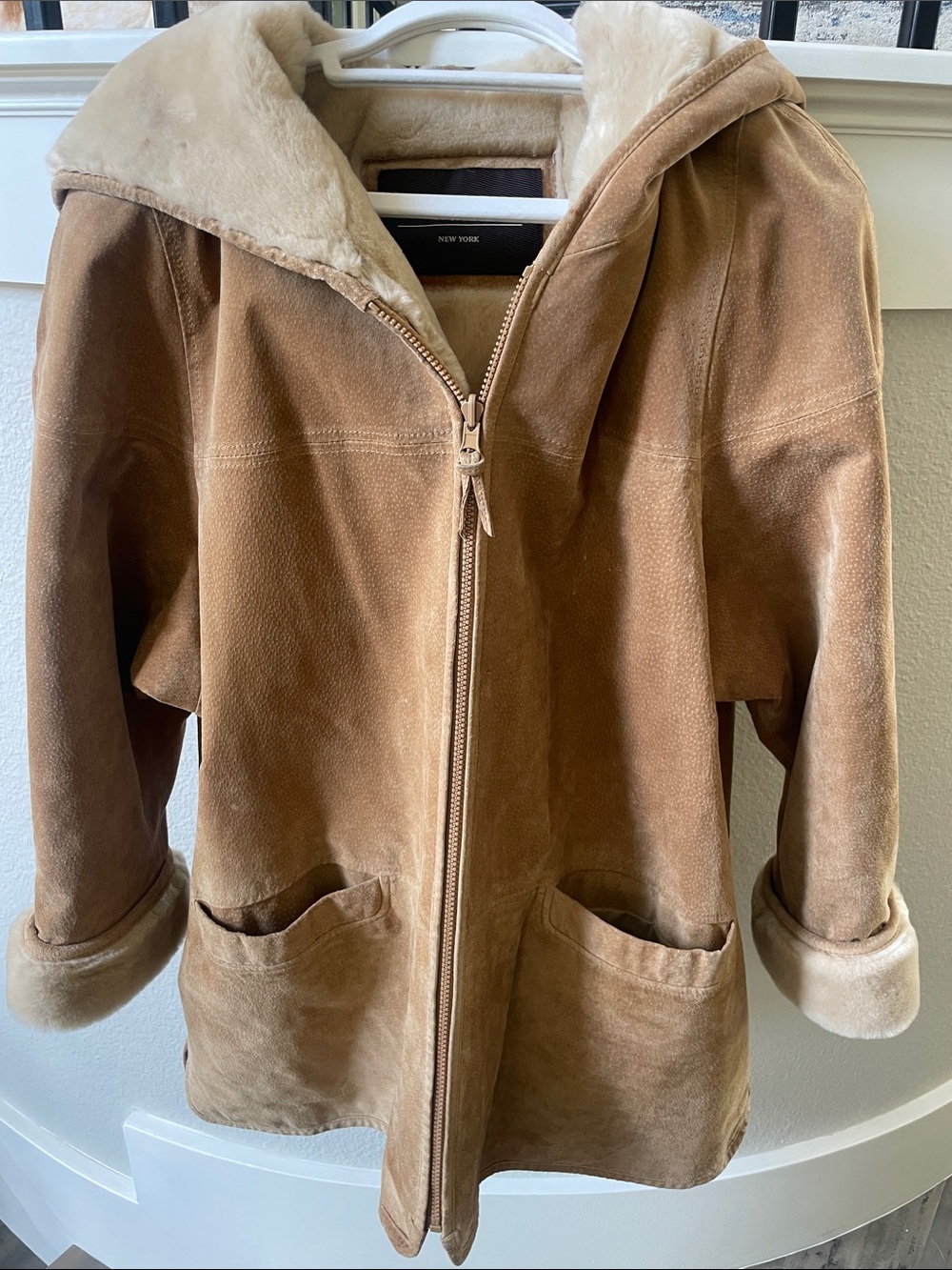 New York Suede Shearling Hooded Jacket - Brown